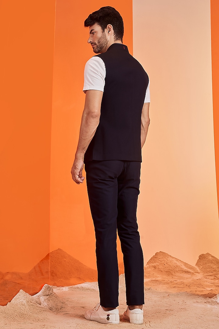 Navy Poly Blend Crest Embroidered Waistcoat by S&N by Shantnu Nikhil Men at Pernia's Pop Up Shop