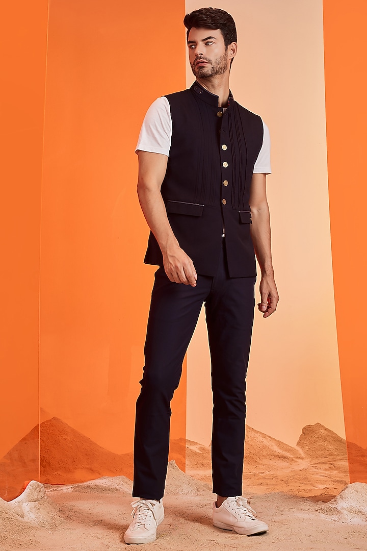 Navy Poly Blend Crest Embroidered Waistcoat by S&N by Shantnu Nikhil Men at Pernia's Pop Up Shop