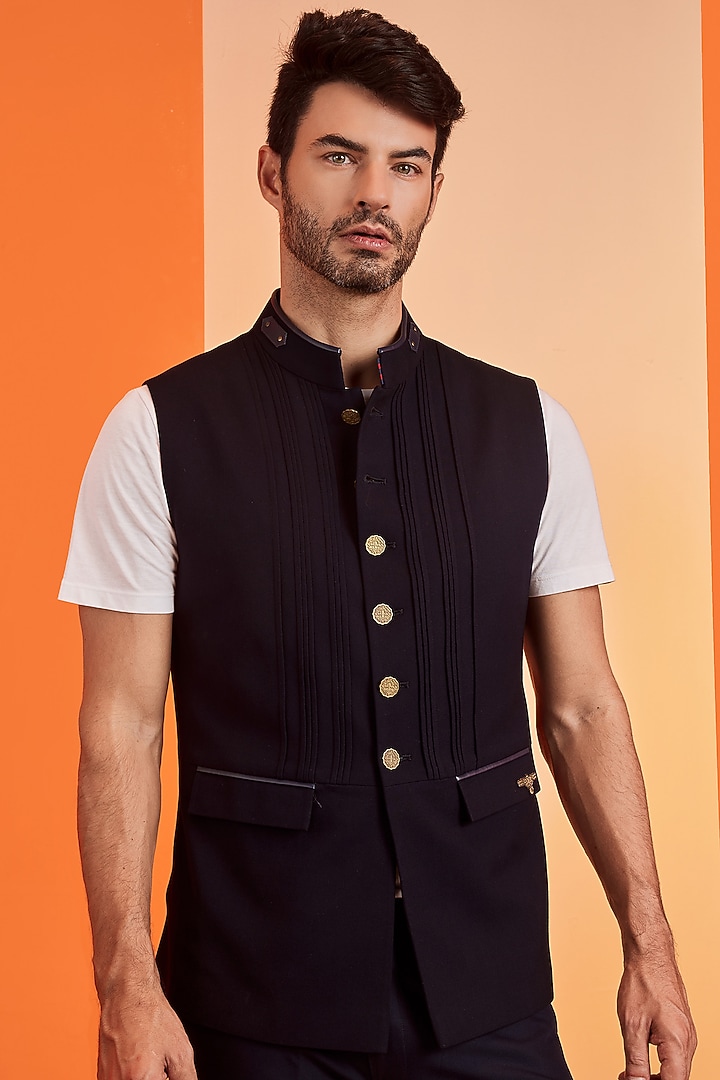 Navy Poly Blend Crest Embroidered Waistcoat by S&N by Shantnu Nikhil Men at Pernia's Pop Up Shop
