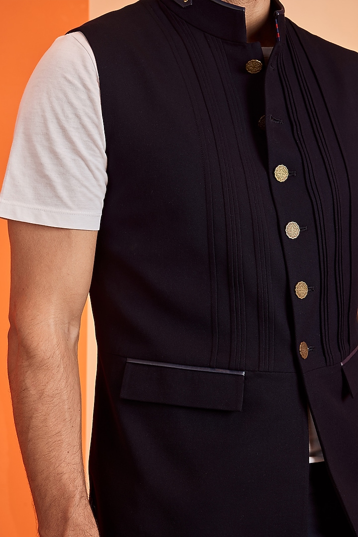 Navy Poly Blend Crest Embroidered Waistcoat by S&N by Shantnu Nikhil Men at Pernia's Pop Up Shop