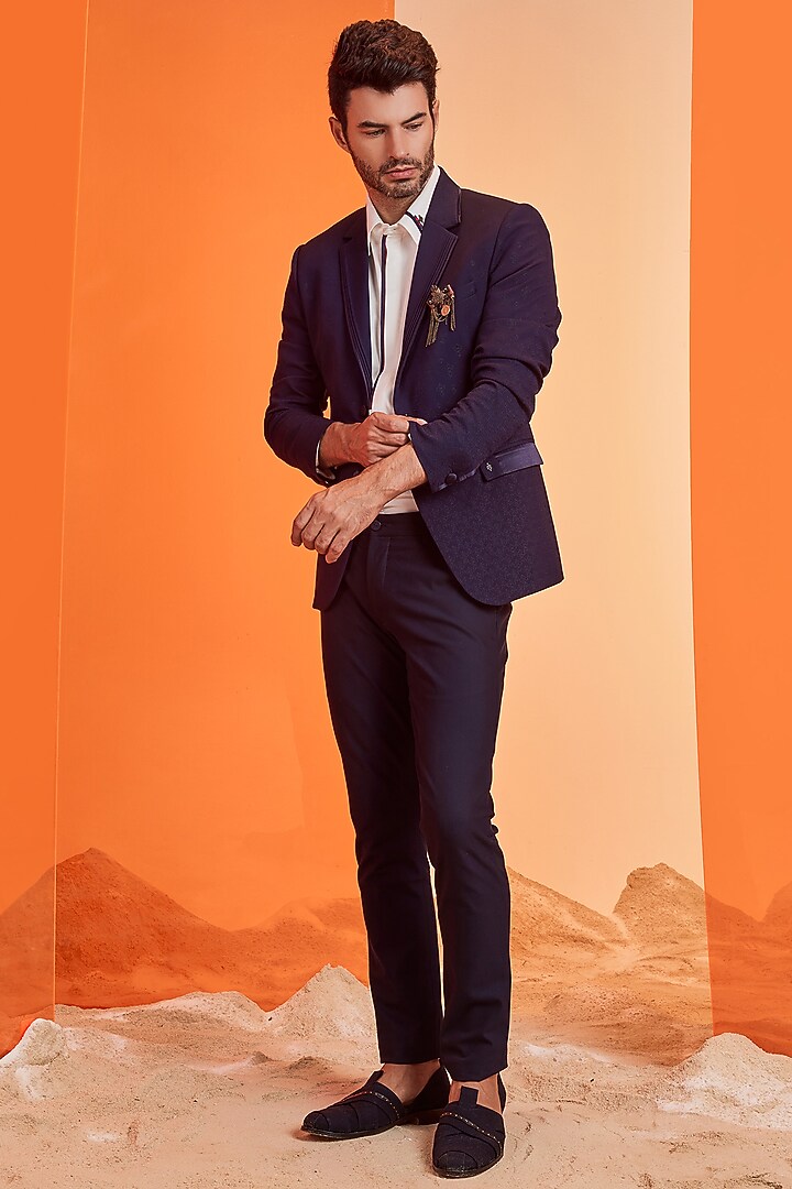 Navy Terylene Embroidered Jacket by S&N by Shantnu Nikhil Men at Pernia's Pop Up Shop