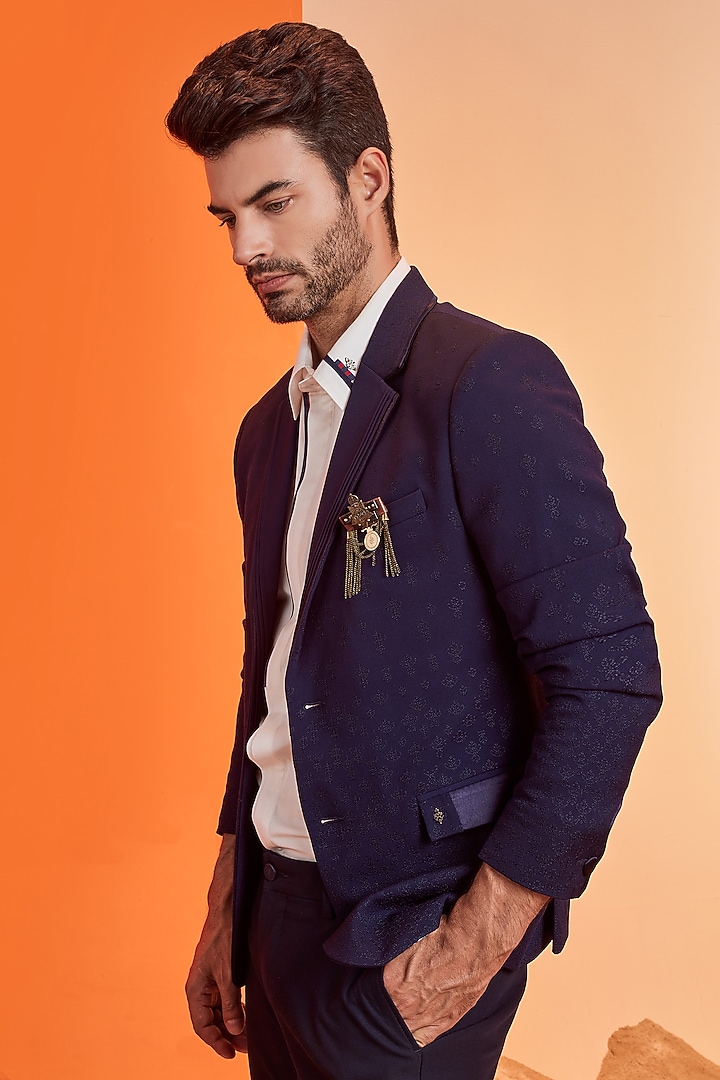 Navy Terylene Embroidered Jacket by S&N by Shantnu Nikhil Men at Pernia's Pop Up Shop