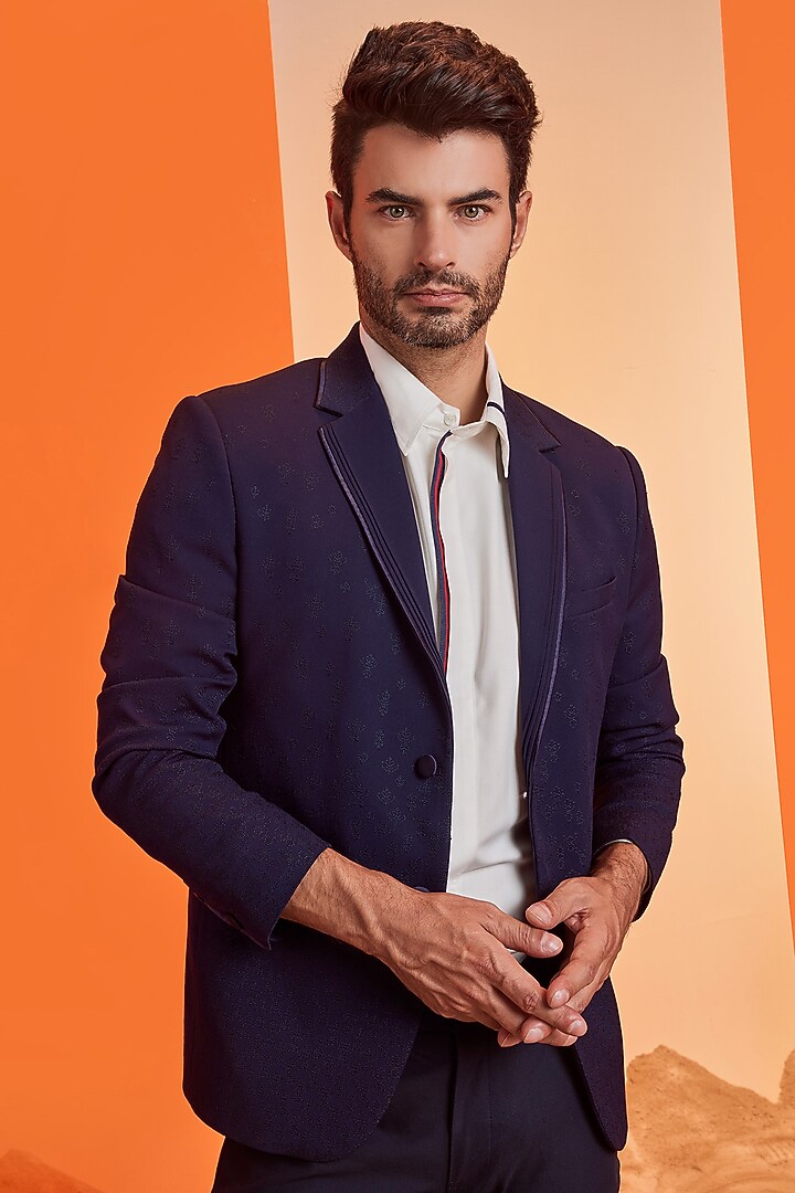 Navy Terylene Embroidered Jacket by S&N by Shantnu Nikhil Men at Pernia's Pop Up Shop