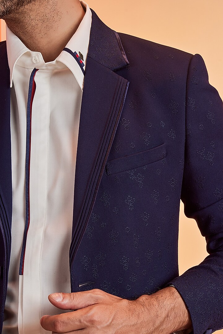 Navy Terylene Embroidered Jacket by S&N by Shantnu Nikhil Men at Pernia's Pop Up Shop