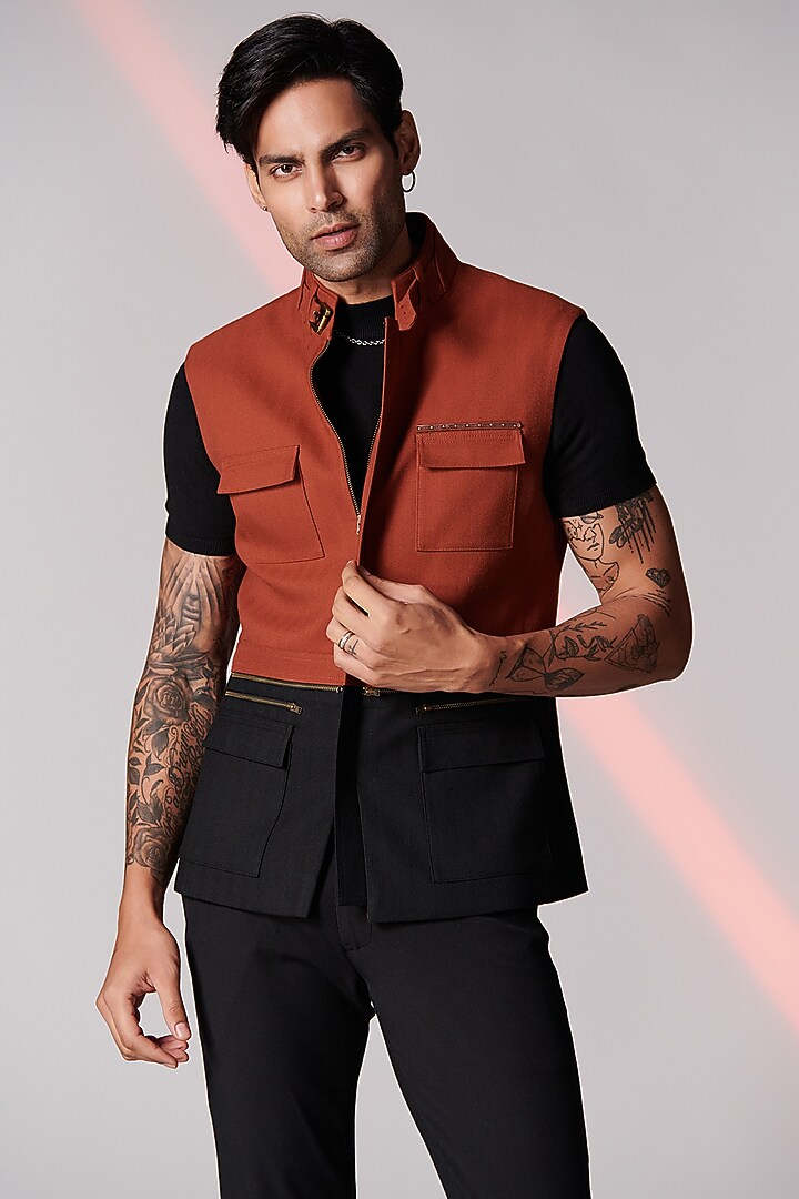 Black & Rust Color Block Gilet by S&N by Shantnu Nikhil Men at Pernia's Pop Up Shop