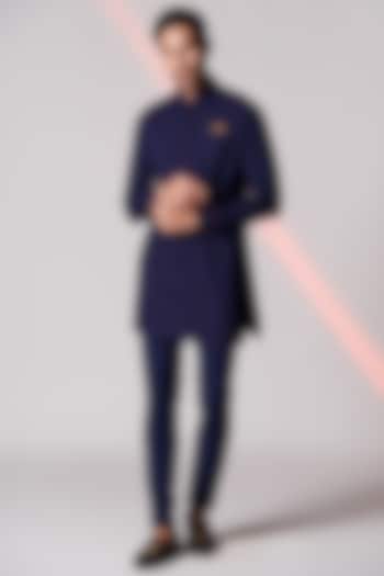 Navy Terylene & Rayon Embroidered Kurta by S&N by Shantnu Nikhil Men at Pernia's Pop Up Shop