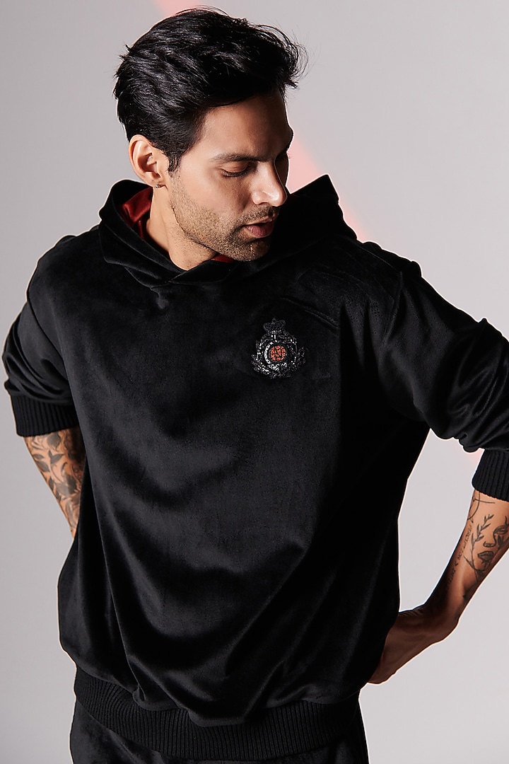 Black Velvet Hoodie by S&N by Shantnu Nikhil Men at Pernia's Pop Up Shop