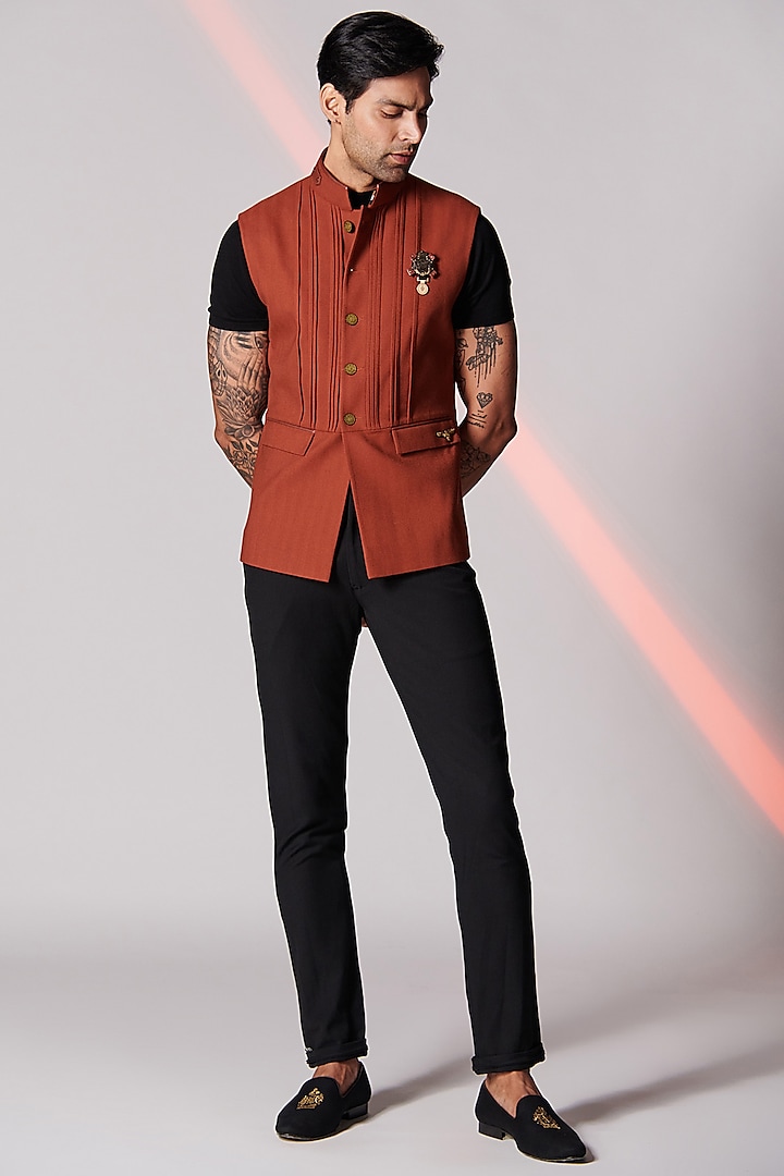 Rust Embroidered Waistcoat by S&N by Shantnu Nikhil Men