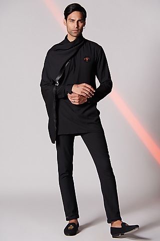 Black Terylene Draped Kurta by S&N by Shantnu Nikhil Men