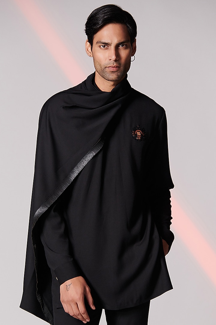 Black Terylene Draped Kurta by S&N by Shantnu Nikhil Men at Pernia's Pop Up Shop