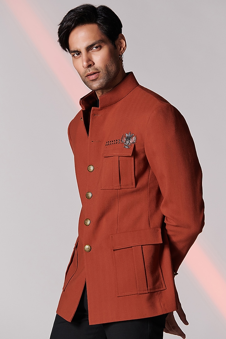 Rust Poly Blend Wedding Bandhgala by S&N by Shantnu Nikhil Men at Pernia's Pop Up Shop