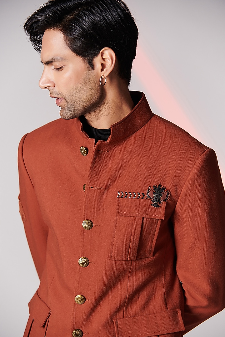 Rust Poly Blend Wedding Bandhgala by S&N by Shantnu Nikhil Men at Pernia's Pop Up Shop