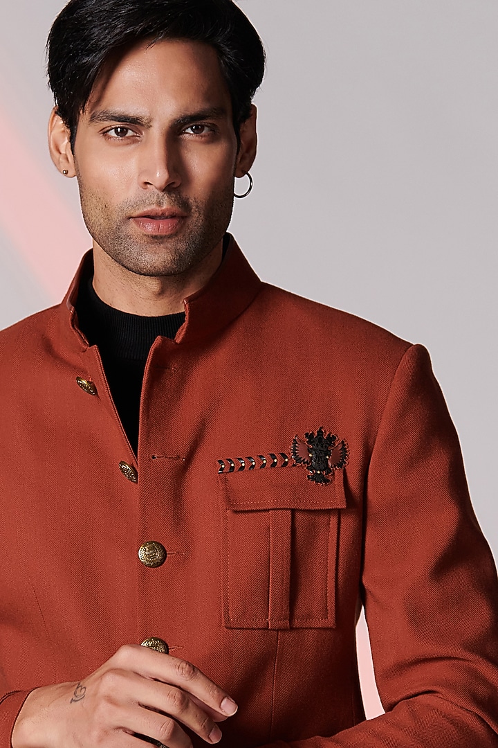 Rust Poly Blend Wedding Bandhgala by S&N by Shantnu Nikhil Men at Pernia's Pop Up Shop