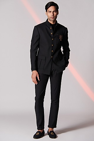 Black Poly Blend Bandhgala by S&N by Shantnu Nikhil Men