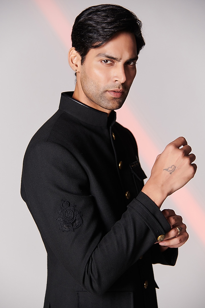 Black Poly Blend Wedding Bandhgala by S&N by Shantnu Nikhil Men at Pernia's Pop Up Shop