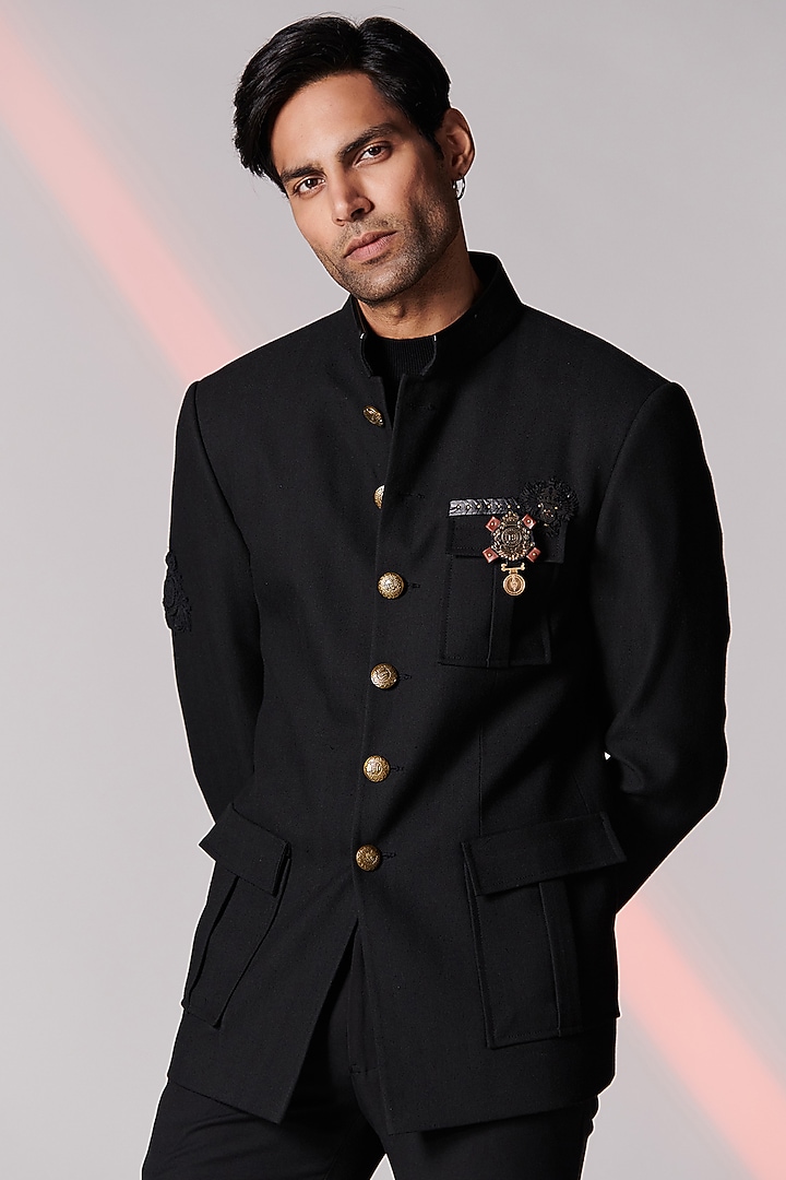 Black Poly Blend Wedding Bandhgala by S&N by Shantnu Nikhil Men at Pernia's Pop Up Shop