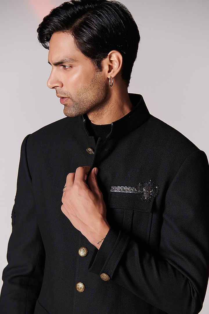 Black Poly Blend Wedding Bandhgala by S&N by Shantnu Nikhil Men at Pernia's Pop Up Shop