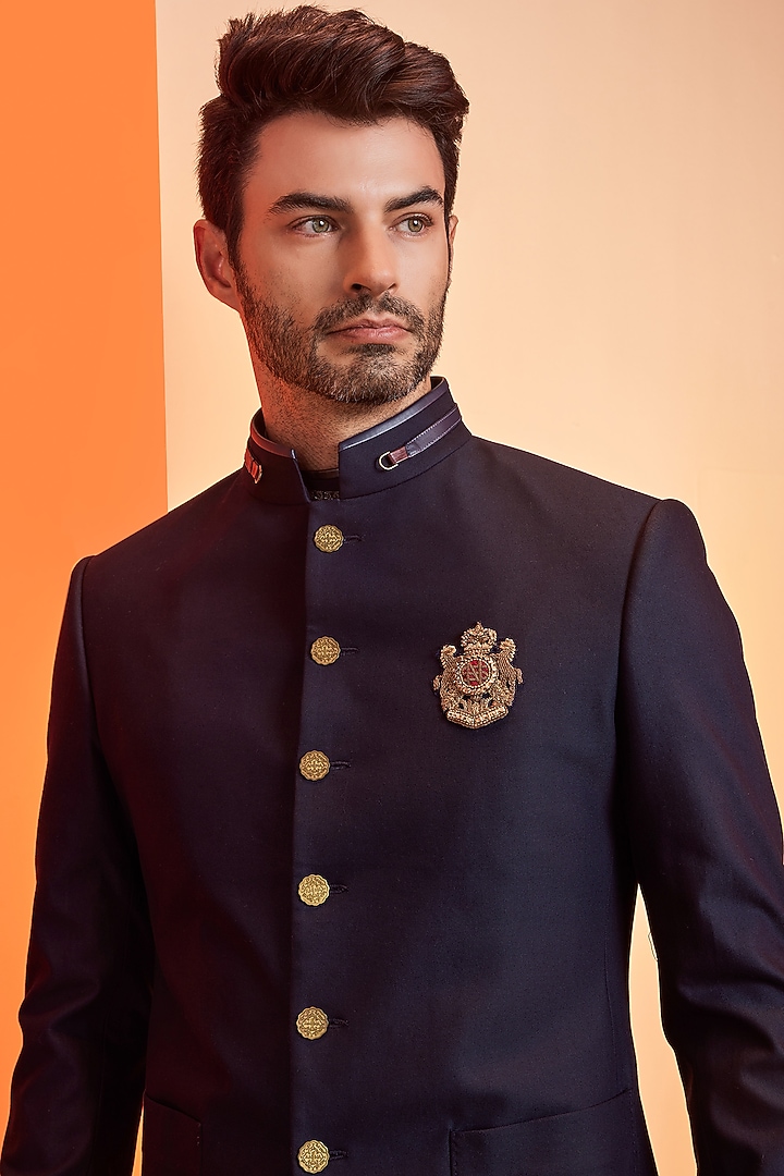 Navy Poly Blend Wedding Bandhgala Jacket by S&N by Shantnu Nikhil Men at Pernia's Pop Up Shop