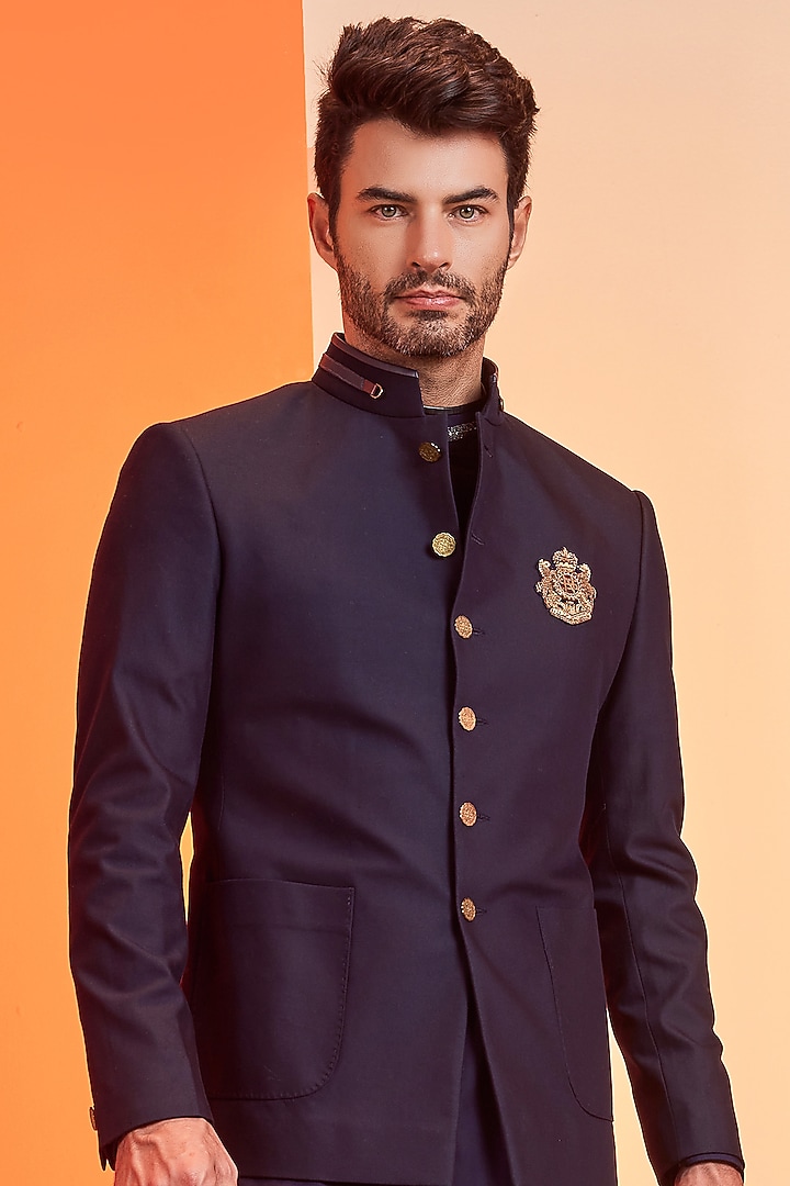 Navy Poly Blend Wedding Bandhgala Jacket by S&N by Shantnu Nikhil Men at Pernia's Pop Up Shop