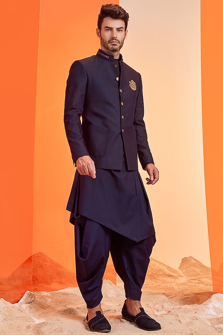 Navy Poly Blend Wedding Bandhgala Jacket by S&N by Shantnu Nikhil Men at Pernia's Pop Up Shop