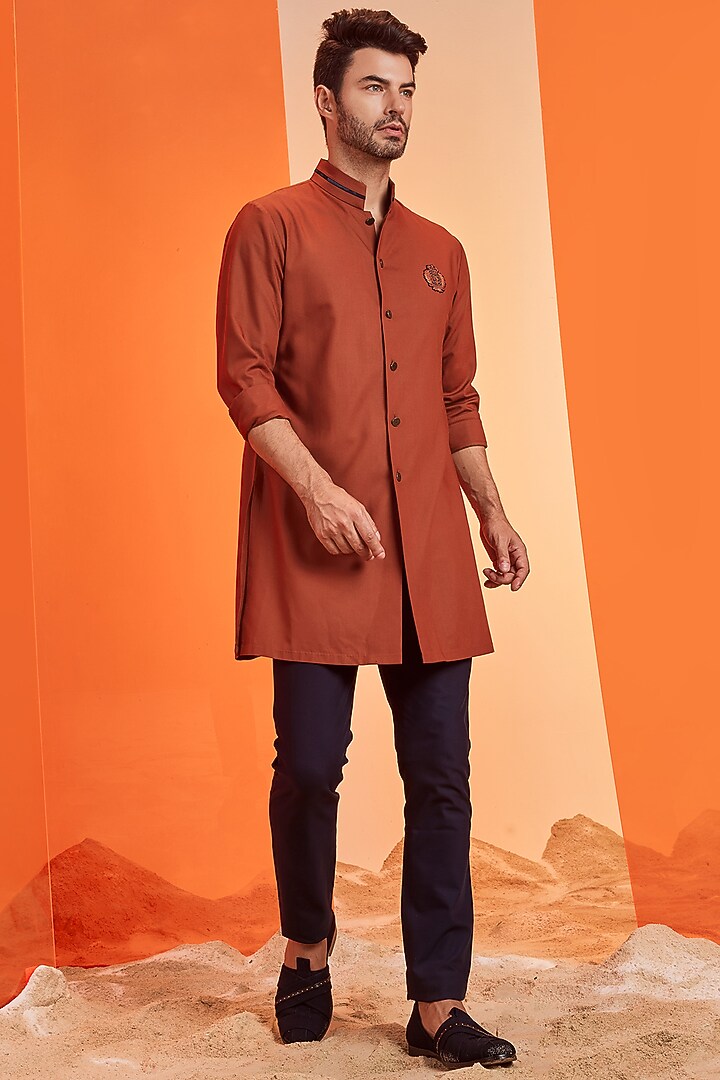 Rust Embroidered Slim-Fit Shirt Kurta by S&N by Shantnu Nikhil Men at Pernia's Pop Up Shop