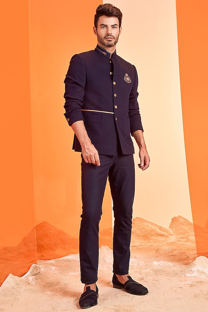 Navy Blue Poly Blend Bandhgala Jacket by S&N by Shantnu Nikhil Men at Pernia's Pop Up Shop