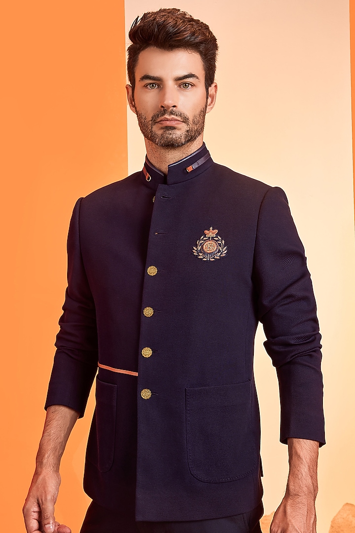 Navy Blue Poly Blend Wedding Bandhgala Jacket by S&N by Shantnu Nikhil Men at Pernia's Pop Up Shop