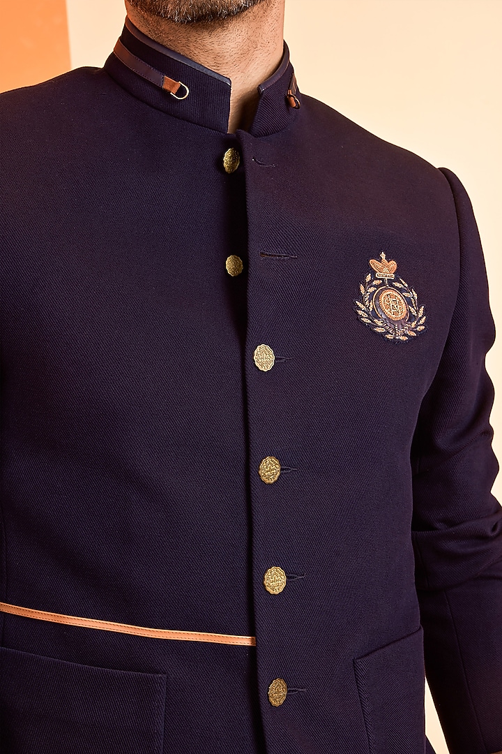 Navy Blue Poly Blend Wedding Bandhgala Jacket by S&N by Shantnu Nikhil Men at Pernia's Pop Up Shop