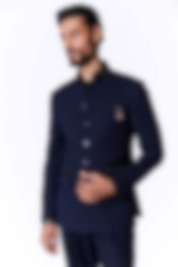 Navy Poly Blend Swarovski Work Bandhgala Jacket by S&N by Shantnu Nikhil Men