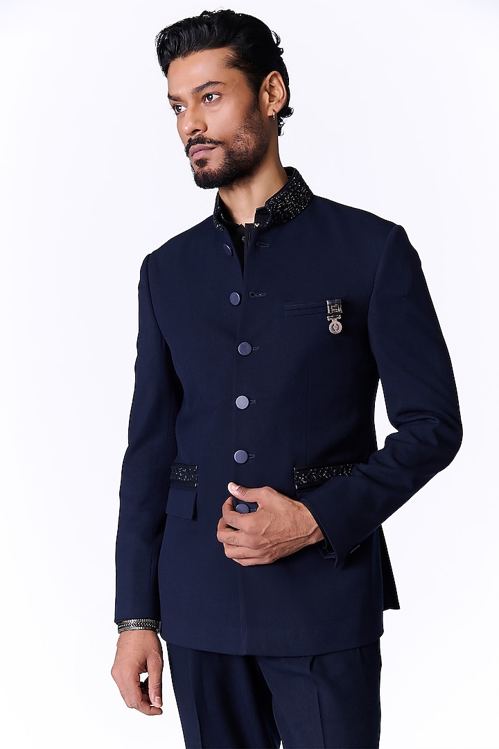 Navy Poly Blend Swarovski Work Bandhgala Jacket by S&N by Shantnu Nikhil Men