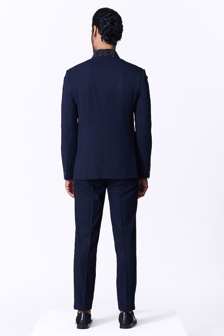 Navy Poly Blend Swarovski Work Wedding Bandhgala Jacket by S&N by Shantnu Nikhil Men at Pernia's Pop Up Shop