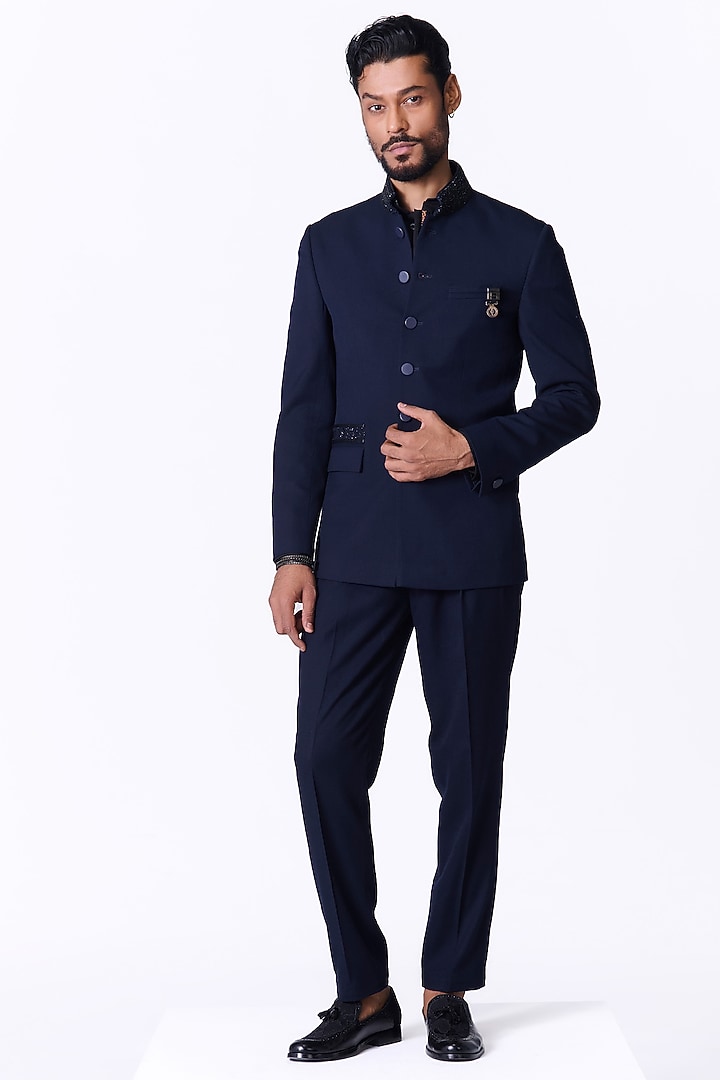 Navy Poly Blend Swarovski Work Wedding Bandhgala Jacket by S&N by Shantnu Nikhil Men at Pernia's Pop Up Shop