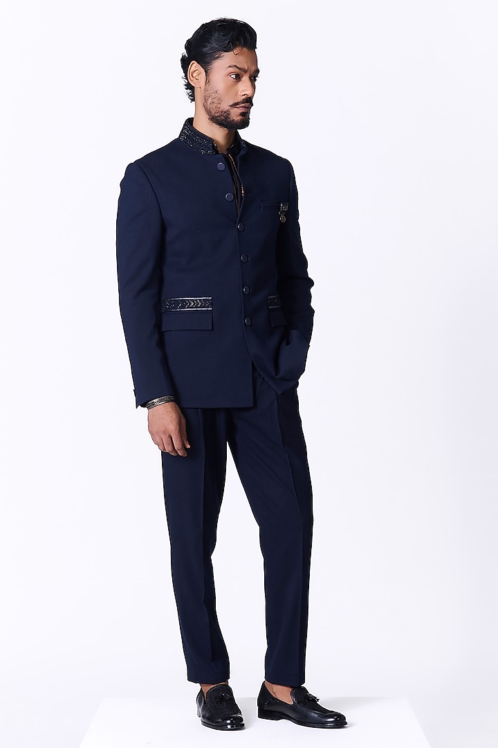 Navy Poly Blend Swarovski Work Wedding Bandhgala Jacket by S&N by Shantnu Nikhil Men at Pernia's Pop Up Shop