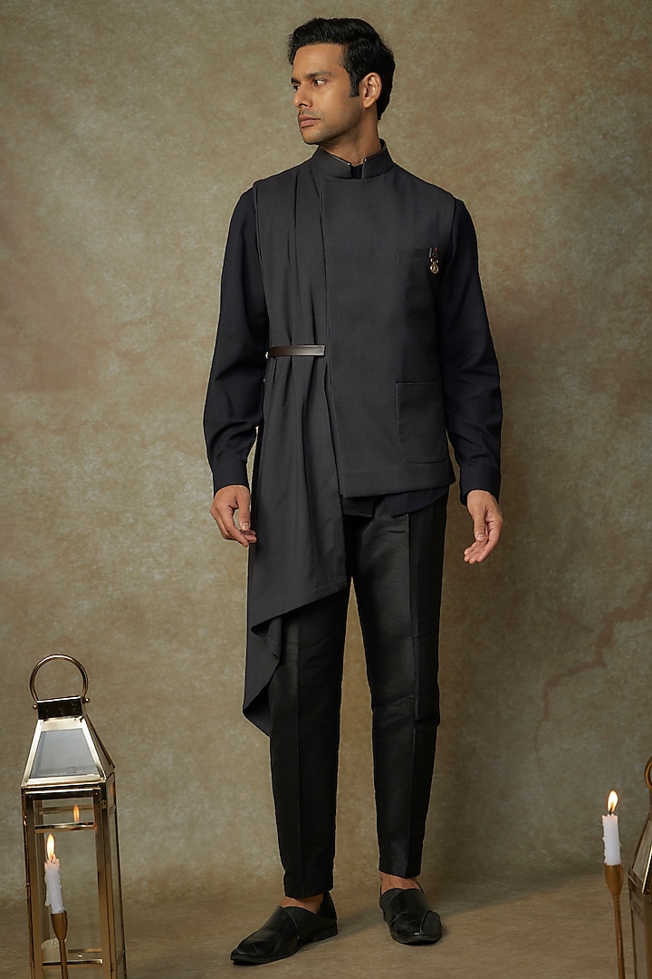 Dark Grey Poly Blend Draped Waistcoat by S&N by Shantnu Nikhil Men