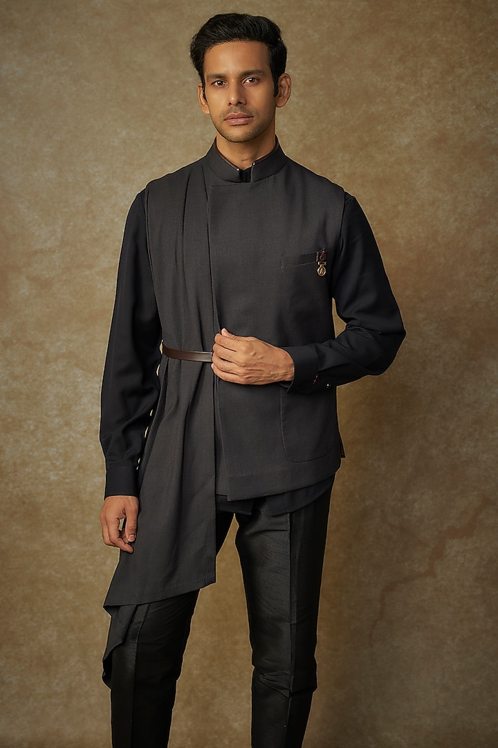 Dark Grey Poly Blend Draped Waistcoat by S&N by Shantnu Nikhil Men at Pernia's Pop Up Shop