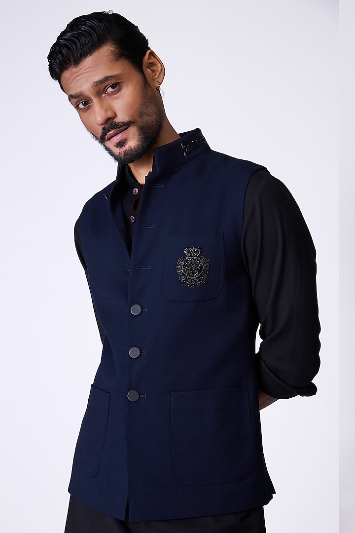 Navy Rayon & Spandex Waistcoat by S&N by Shantnu Nikhil Men