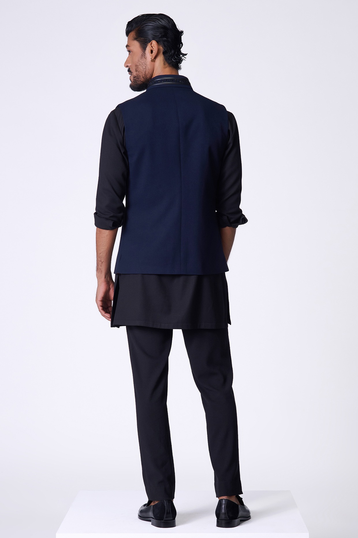Navy Rayon & Spandex Waistcoat by S&N by Shantnu Nikhil Men at