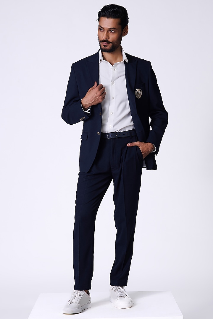 Navy Blue Poly Blend Crest Jacket by S&N by Shantnu Nikhil Men at Pernia's Pop Up Shop