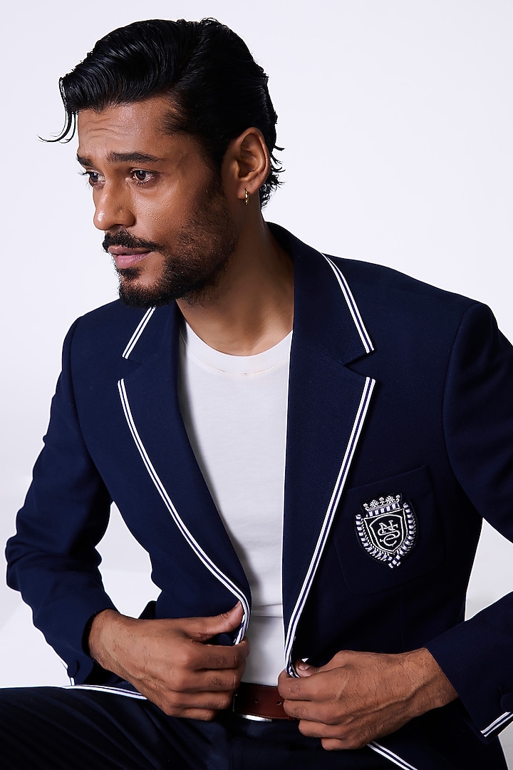 Navy Blue Poly Blend Jacket by S&N by Shantnu Nikhil Men at Pernia's Pop Up Shop