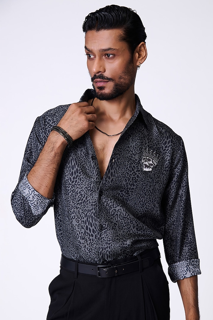 Grey Silk Twill Leopard Printed Shirt by S&N by Shantnu Nikhil Men at Pernia's Pop Up Shop