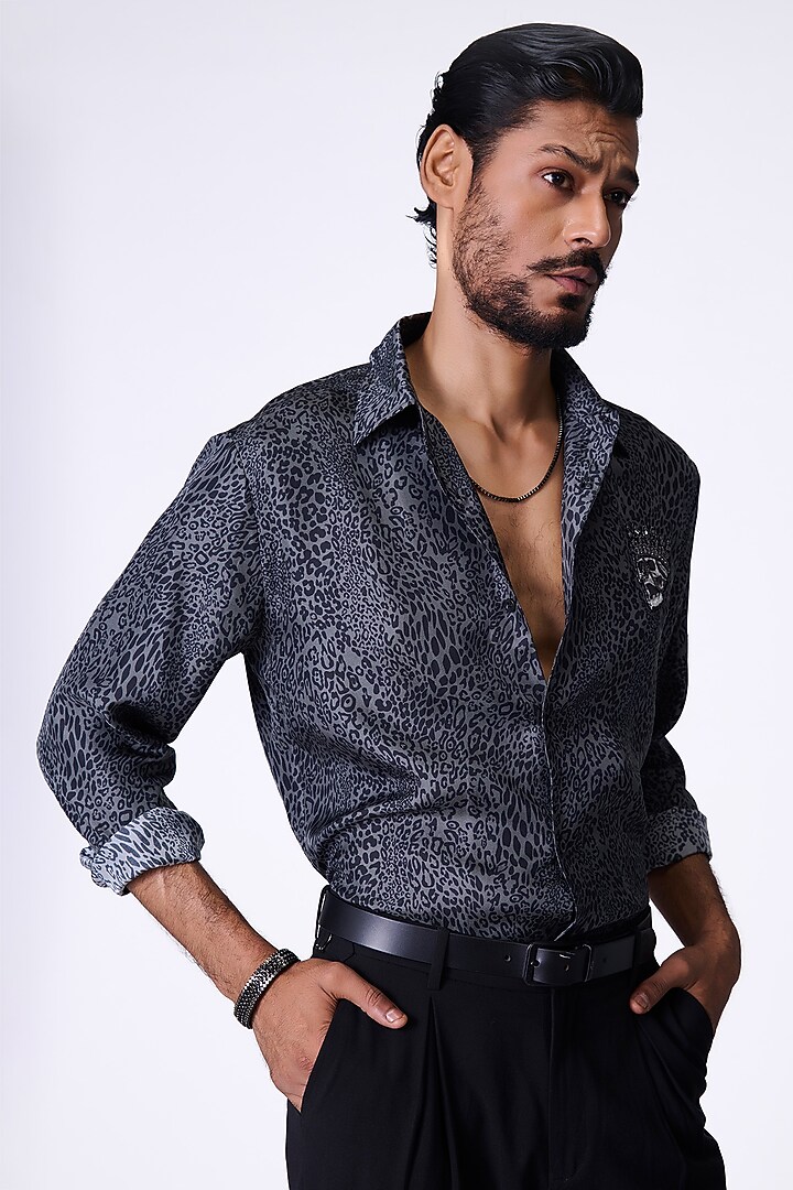 Grey Silk Twill Leopard Printed Wedding Shirt by S&N by Shantnu Nikhil Men at Pernia's Pop Up Shop