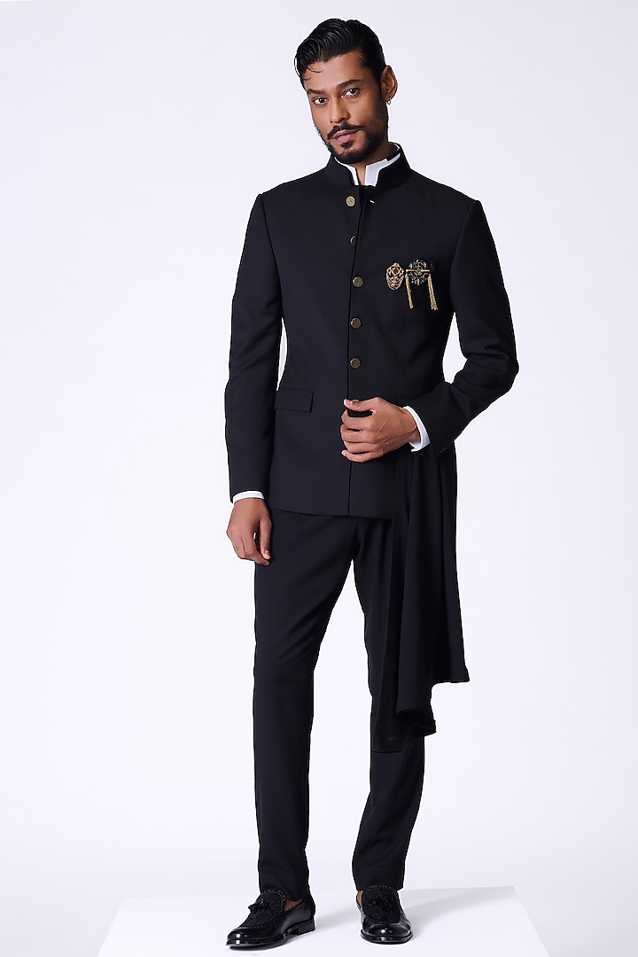 Black Rayon Blend Neo-Drape Bandhgala Jacket by S&N by Shantnu Nikhil Men at Pernia's Pop Up Shop