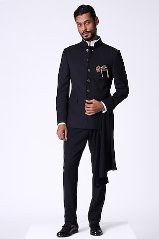 Black Rayon Blend Neo-Drape Bandhgala Jacket by S&N by Shantnu Nikhil Men