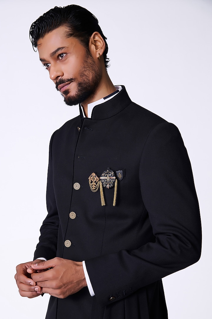Black Rayon Blend Neo-Drape Wedding Bandhgala Jacket by S&N by Shantnu Nikhil Men at Pernia's Pop Up Shop