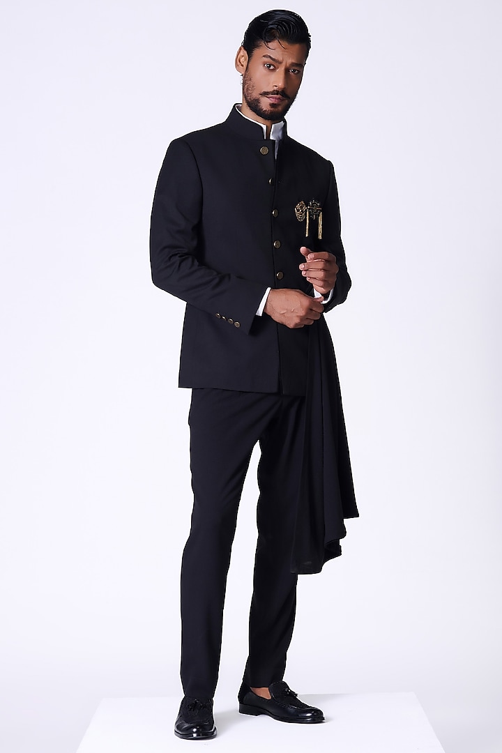 Black Rayon Blend Neo-Drape Wedding Bandhgala Jacket by S&N by Shantnu Nikhil Men at Pernia's Pop Up Shop