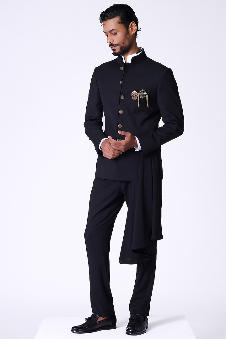 Black Rayon Blend Neo-Drape Wedding Bandhgala Jacket by S&N by Shantnu Nikhil Men at Pernia's Pop Up Shop