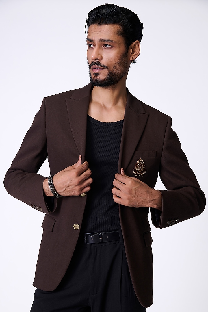 Choco Brown Knitted Twill Crested Jacket by S&N by Shantnu Nikhil Men at Pernia's Pop Up Shop