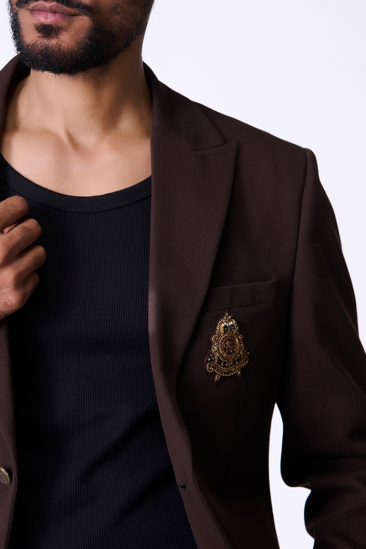 Choco Brown Knitted Twill Crested Jacket by S&N by Shantnu Nikhil