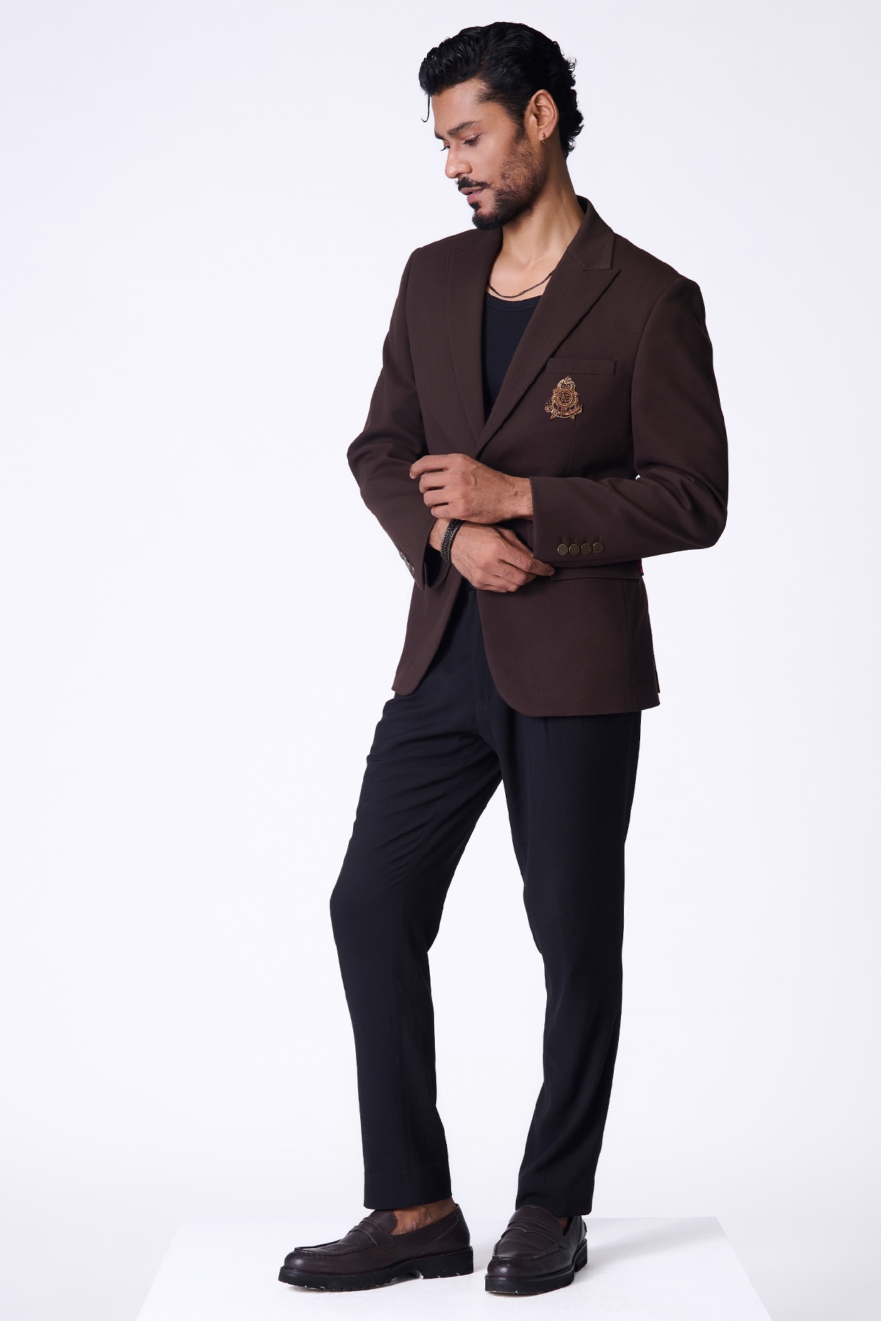 Choco Brown Knitted Twill Crested Jacket by S&N by Shantnu Nikhil