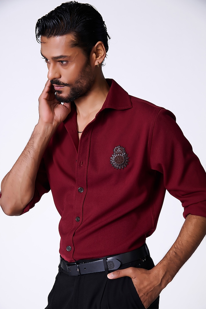 Cherry Red Rayon Blend Crested Shirt by S&N by Shantnu Nikhil Men at Pernia's Pop Up Shop